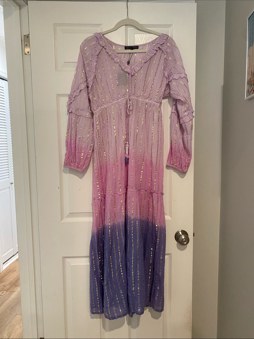 Women's Ombre Maxi Dress in Lavender-Pink with Metallic Stripes